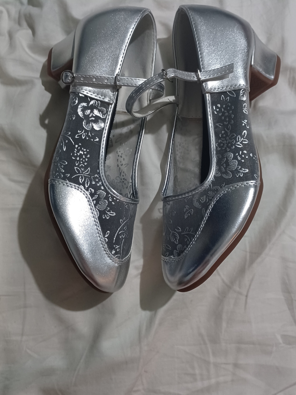 Silver Floral Mary Jane Heels for Women